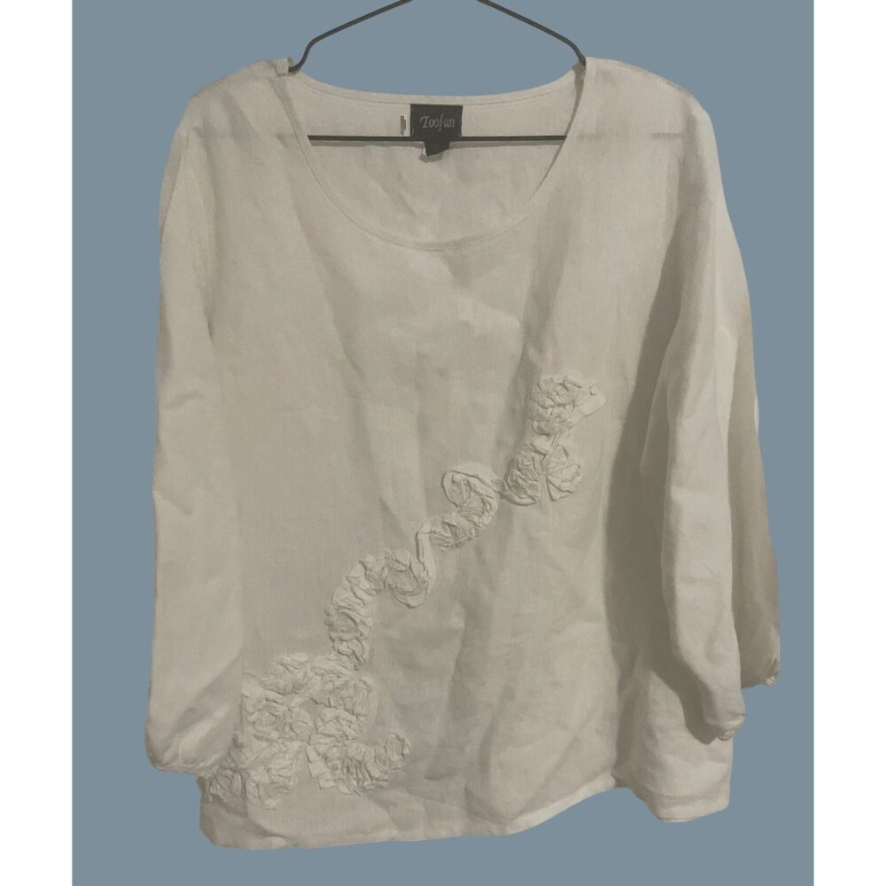 Womens White Linen Long-Sleeve‎ Blouse Floral Applique Size L Beach Resort